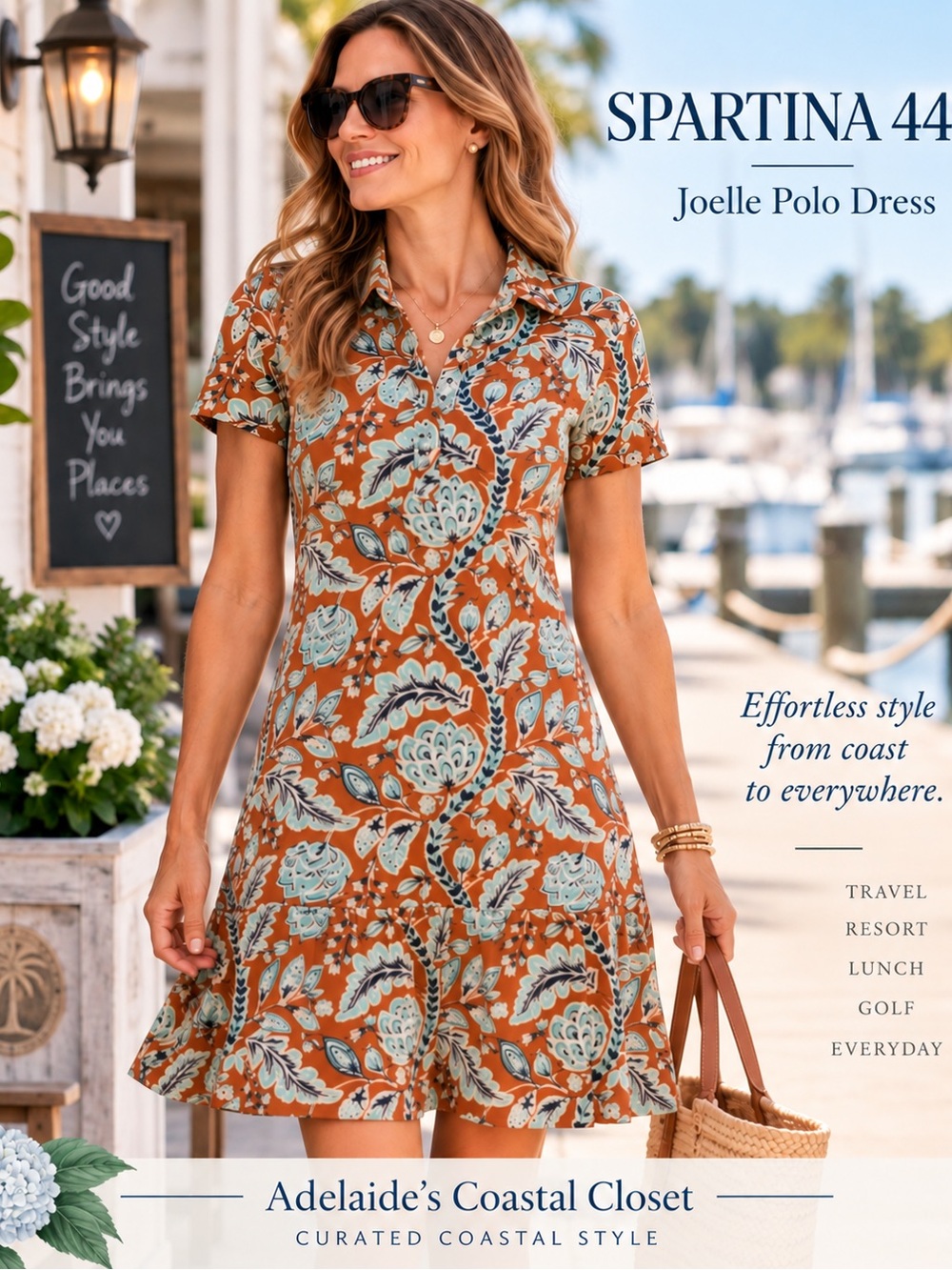 Spartina 449 Joelle Polo Dress L Kalalanta Vines Brown Floral